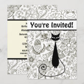 Zwart-wit kat en tuin verjaardag uitnodiging (Voorkant / Achterkant)