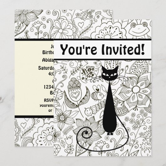 Zwart-wit kat en tuin verjaardag uitnodiging (Voorkant / Achterkant)