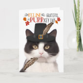 Zwart Wit Kat Feline Dankbaar voor PURRkey Day Feestdagen Kaart (Voorkant)