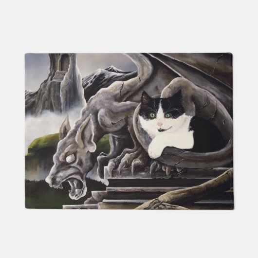 Zwart Wit Kat Gargoyle Deurmat (Voorkant)
