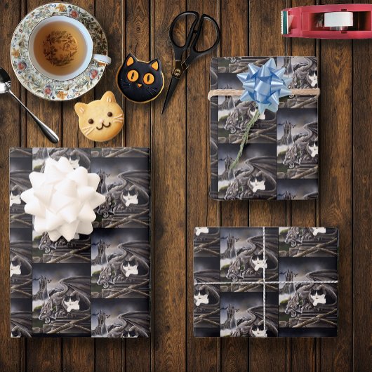 Zwart Wit Kat Gargoyle Inpakpapier Vel