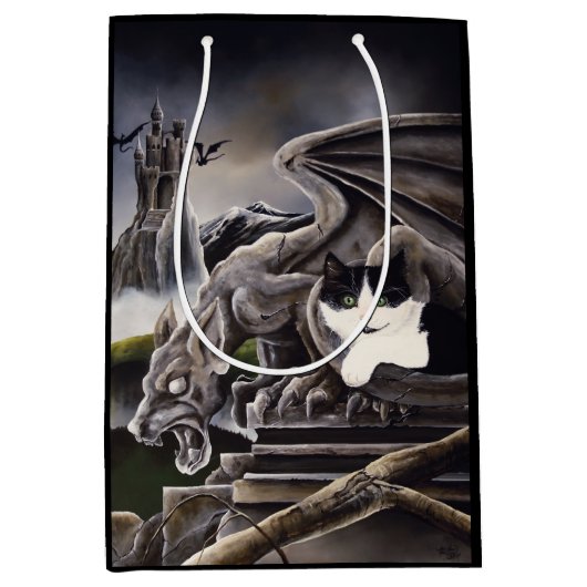 Zwart Wit Kat Gargoyle Medium Cadeauzakje (Voorkant)