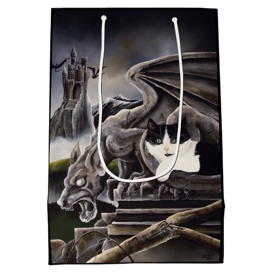 Zwart Wit Kat Gargoyle Medium Cadeauzakje (Achterkant)
