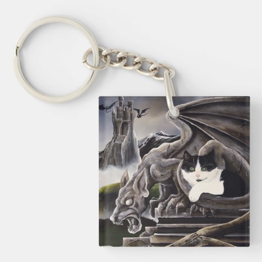 Zwart Wit Kat Gargoyle Sleutelhanger (Voorkant)