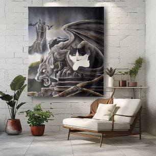 Zwart Wit Kat Gargoyle Wandkleed