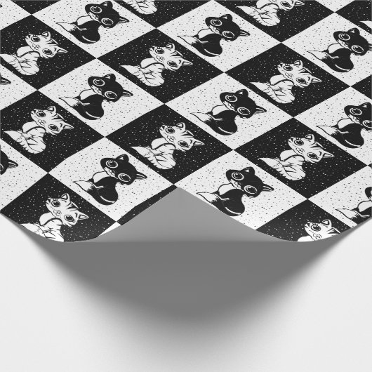 Zwart wit kat geruite blokprint cadeaupapier (Hoek)