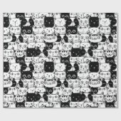 Zwart & Wit Kat Gezichten Patroon Verjaardagsfeest Cadeaupapier (Vlak)