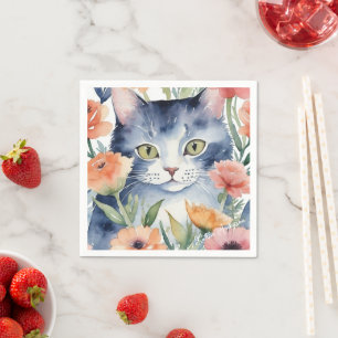 Zwart-wit kat in de bloementuin waterverf servet
