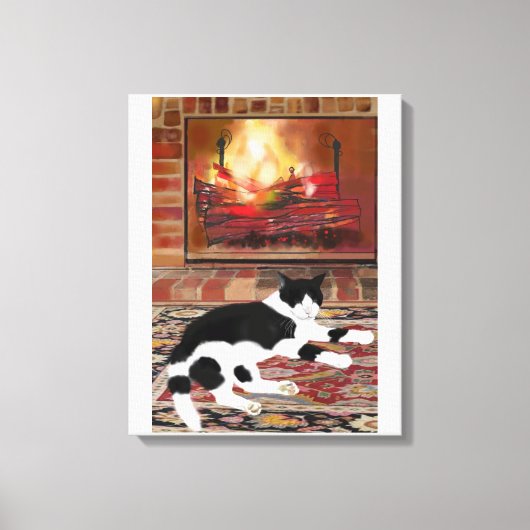 Zwart Wit Kat Liggend voorzijde van Open haard Canvas Afdruk (Voorkant)