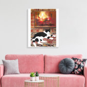 Zwart Wit Kat Liggend voorzijde van Open haard Canvas Afdruk (Insitu (Woonkamer))