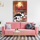 Zwart Wit Kat Liggend voorzijde van Open haard Canvas Afdruk (Insitu (Woonkamer))