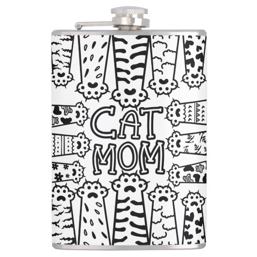 Zwart & Wit Kat Moeder Poot Print Ontwerp Heupfles (Voorkant)