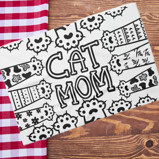 Zwart & Wit Kat Moeder Poot Print Ontwerp Theedoek