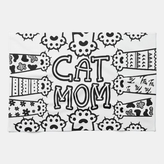 Zwart & Wit Kat Moeder Poot Print Ontwerp Theedoek (Horizontaal)