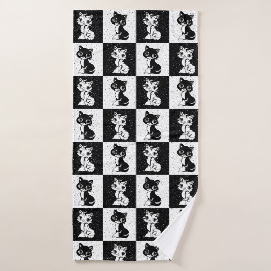 Zwart Wit Kat Monogram Blok Print Badhanddoek (Badhanddoek)