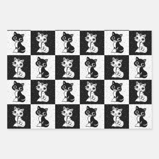 Zwart Wit Kat Monogram Blok Print Inpakpapier Vel (Voorkant 3)