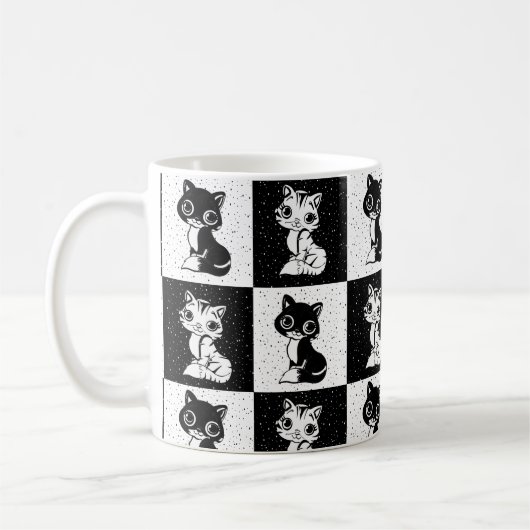 Zwart Wit Kat Monogram Blok Print Koffiemok (Links)