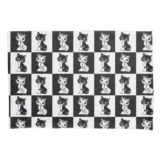 Zwart Wit Kat Monogram Blok Print Kussensloop (Voorkant)