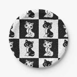 Zwart Wit Kat Monogram Blok Print Papieren Bordje