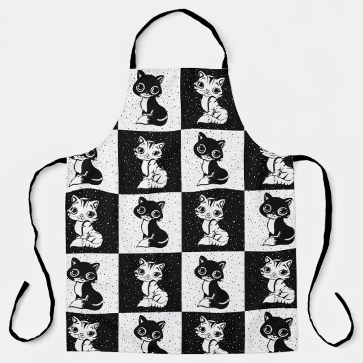 Zwart Wit Kat Monogram Blok Print Schort (Voorkant)