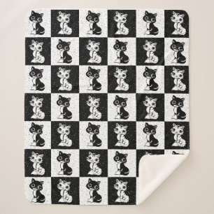 Zwart Wit Kat Monogram Blok Print Sherpa Deken