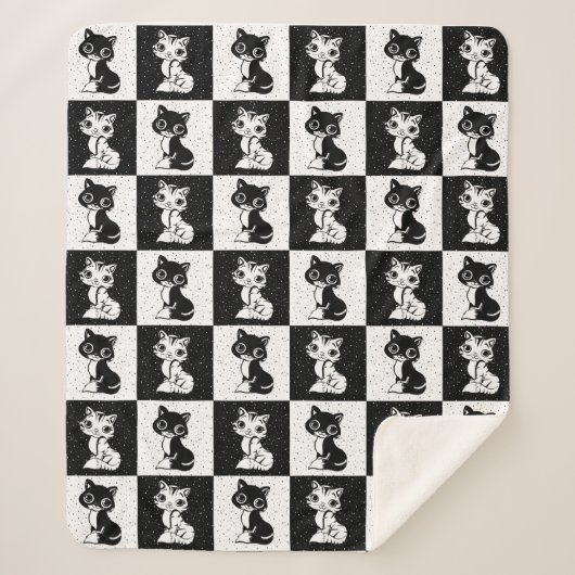 Zwart Wit Kat Monogram Blok Print Sherpa Deken (Voorkant)
