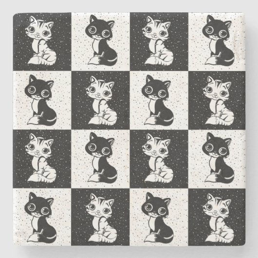Zwart Wit Kat Monogram Blok Print Stenen Onderzetter (Voorkant)