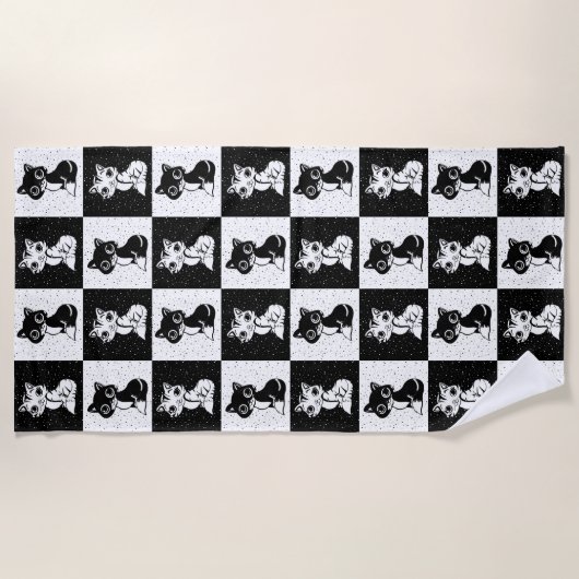 Zwart Wit Kat Monogram Blok Print Strandlaken (Voorkant)