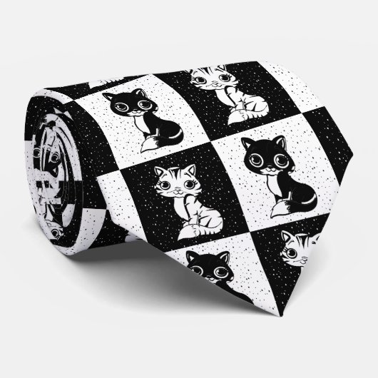 Zwart Wit Kat Monogram Blok Print Stropdas (Opgerold)