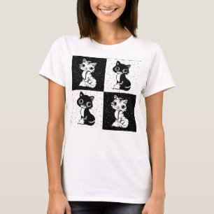 Zwart Wit Kat Monogram Blok Print T-shirt