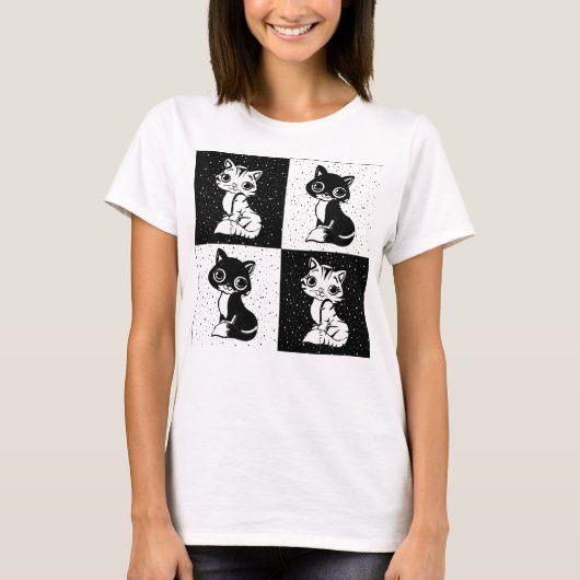 Zwart Wit Kat Monogram Blok Print T-shirt (Voorkant)