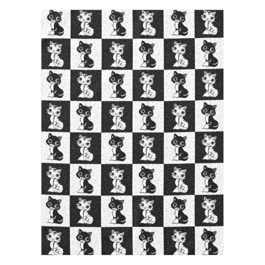 Zwart Wit Kat Monogram Blok Print Tafelkleed (Voorkant)