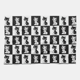 Zwart Wit Kat Monogram Blok Print Theedoek