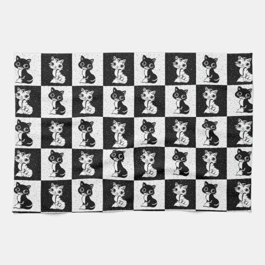 Zwart Wit Kat Monogram Blok Print Theedoek (Horizontaal)
