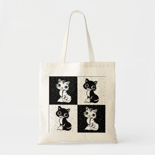 Zwart Wit Kat Monogram Blok Print Tote Bag (Voorkant)