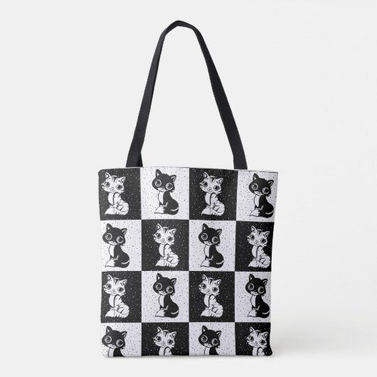 Zwart Wit Kat Monogram Blok Print Tote Bag (Achterkant)