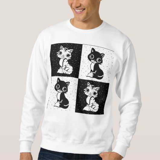 Zwart Wit Kat Monogram Blok Print Trui (Voorkant)