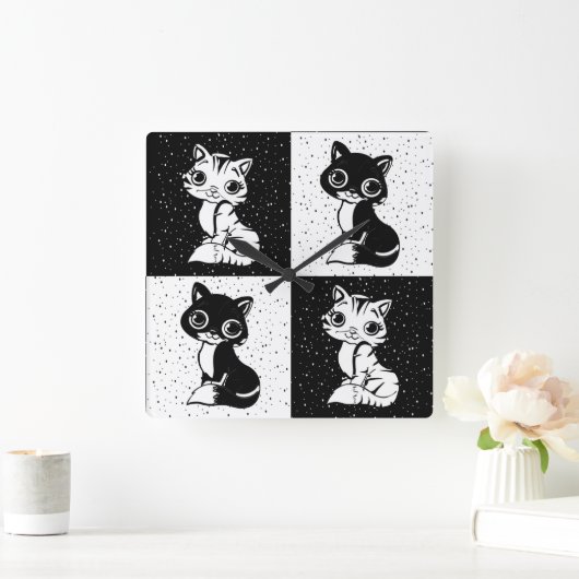 Zwart Wit Kat Monogram Blok Print Vierkante Klok (Huis)