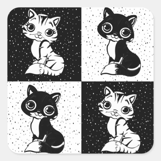 Zwart Wit Kat Monogram Blok Print Vierkante Sticker (Voorkant)