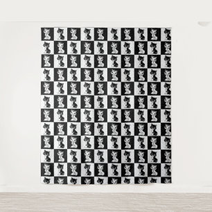 Zwart Wit Kat Monogram Blok Print Wandkleed