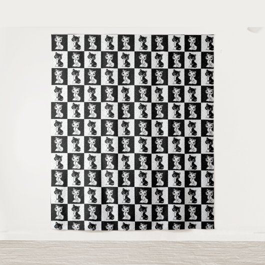 Zwart Wit Kat Monogram Blok Print Wandkleed (Voorkant)
