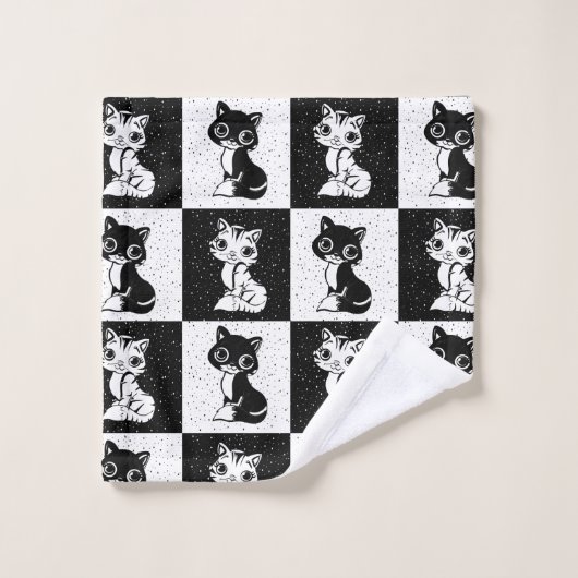 Zwart Wit Kat Monogram Blok Print Washandje (Wasdoekje)