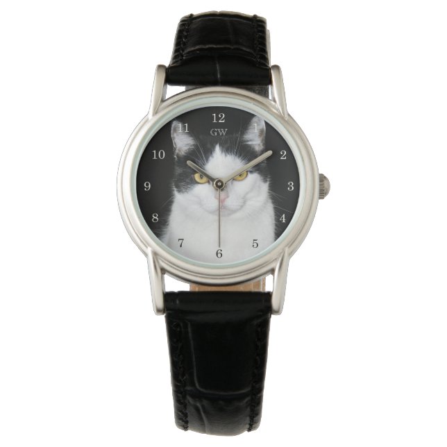Zwart-wit kat portret horloge (Voorkant)