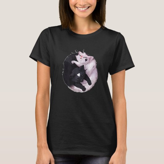 Zwart-wit Kat Yin Yang Dier T-shirt (Voorkant)