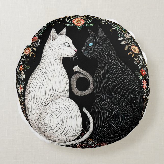 Zwart-Wit Kat Yin Yang Symbool Rond Kussen (Voorkant)