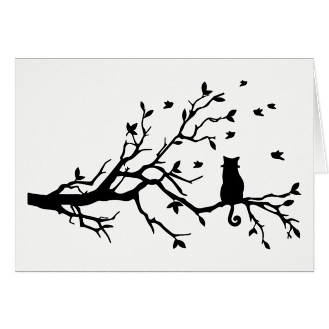 Zwart-wit katje met vogels in een boom (Voorkant Horizontaal)