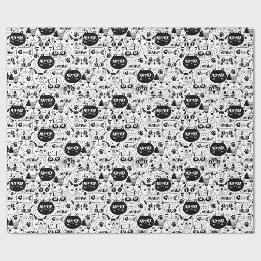 Zwart wit kattengezicht cadeaupapier (Vlak)