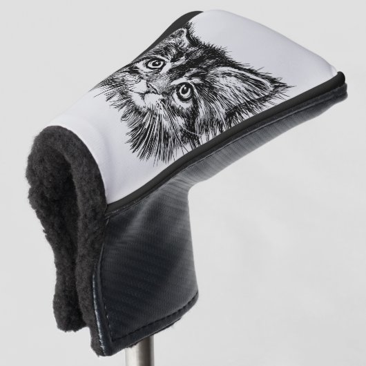 Zwart-wit kattengezicht op grijs golfheadcover (3/4 voorkant)