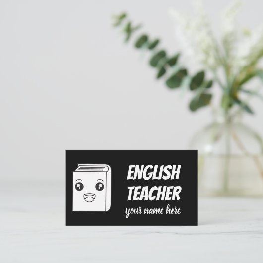 Zwart-wit Kawaii Book Cute English Teacher ESL Visitekaartje (Staand voorkant)