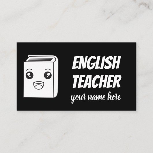 Zwart-wit Kawaii Book Cute English Teacher ESL Visitekaartje (Voorkant)